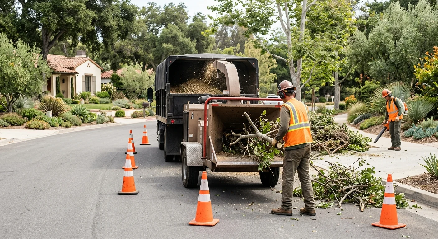 Wood chipper processing brush from a wind-damaged tree on a residential Montecito street