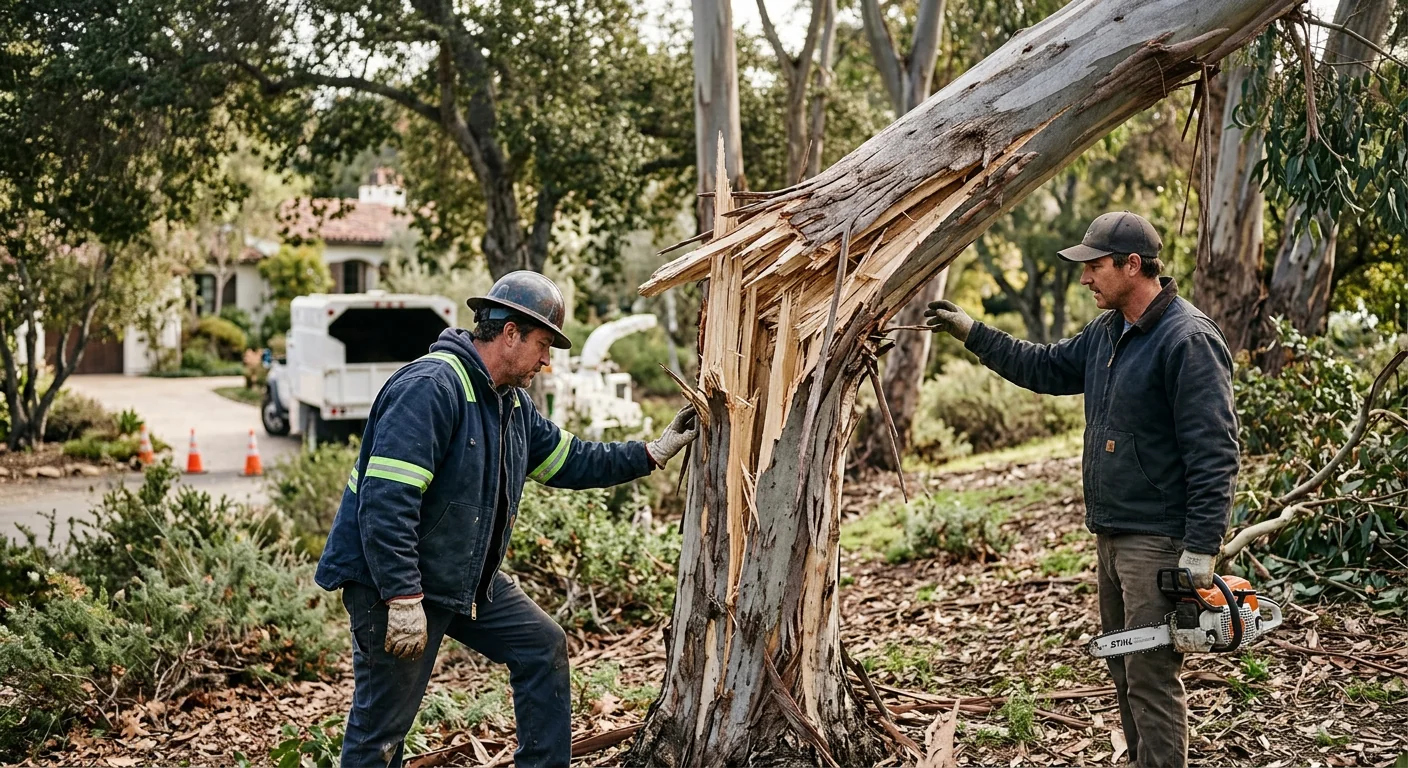 Close-up of a snapped eucalyptus trunk showing storm stress before removal in Montecito