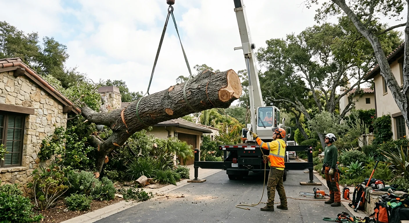 Crane lifting heavy storm-fallen tree section from a tight residential lot in Montecito