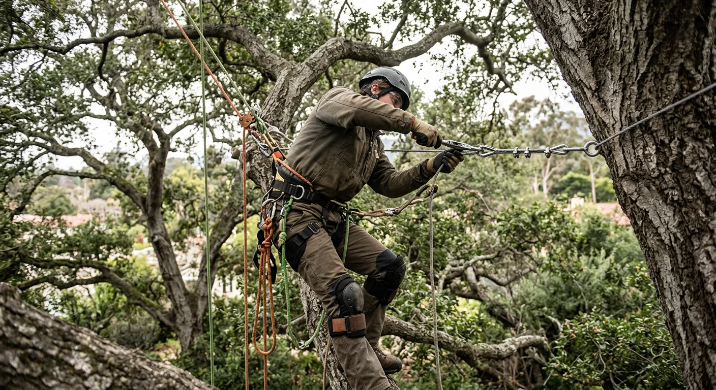 Arborist installing cabling on a storm-weakened tree to prevent future limb failure