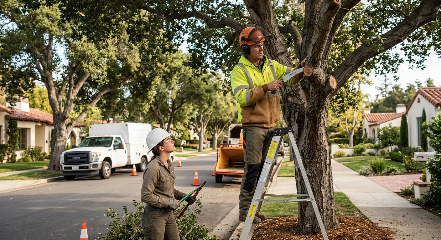 Stump grinder reducing a tree stump below grade in a Montecito backyard