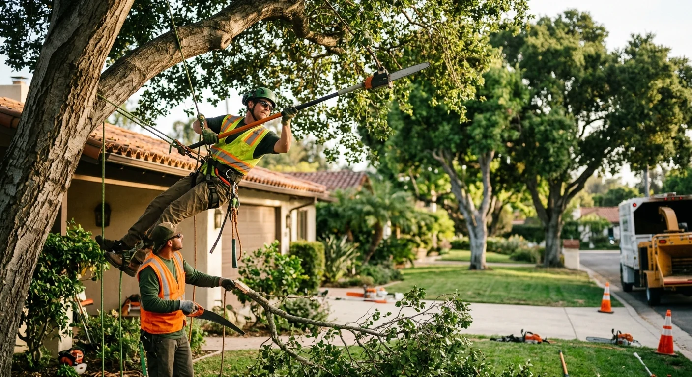 Stump grinder shaving a tree stump below grade on a Montecito residential lot
