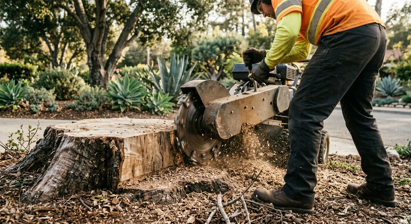 Close-up of a stump grinder cutting wheel biting into an oak stump