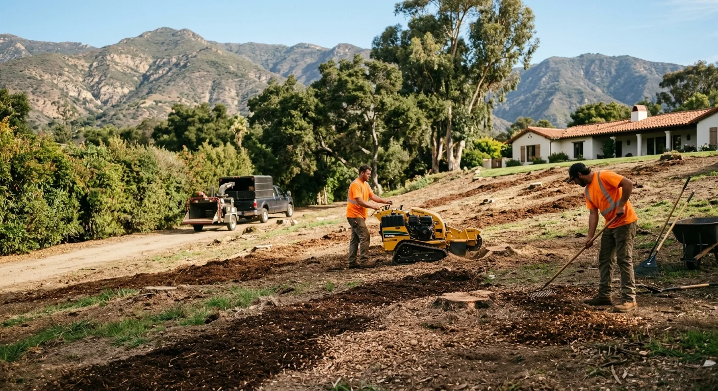 Wide shot of a cleared backyard after multiple stumps ground below grade in Montecito