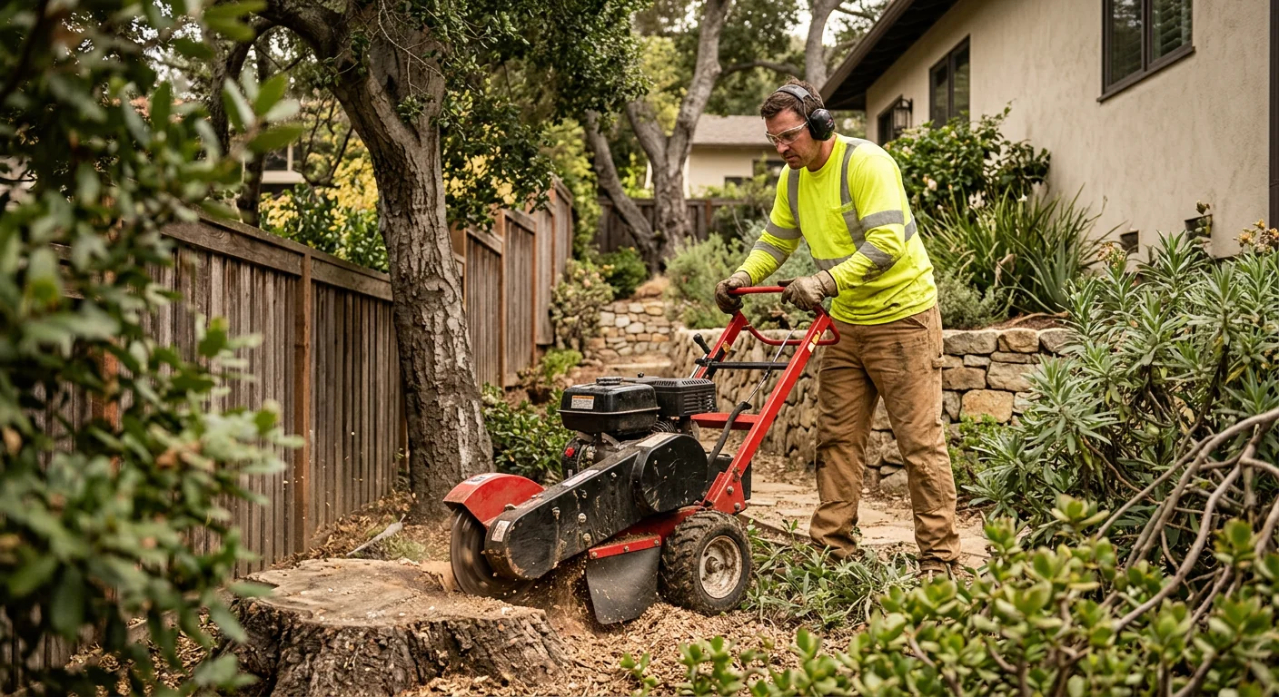 Compact stump grinder working through a narrow sloped side yard