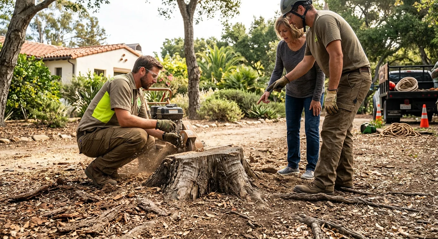 Before context showing a weathered stump surrounded by surface roots and bark debris