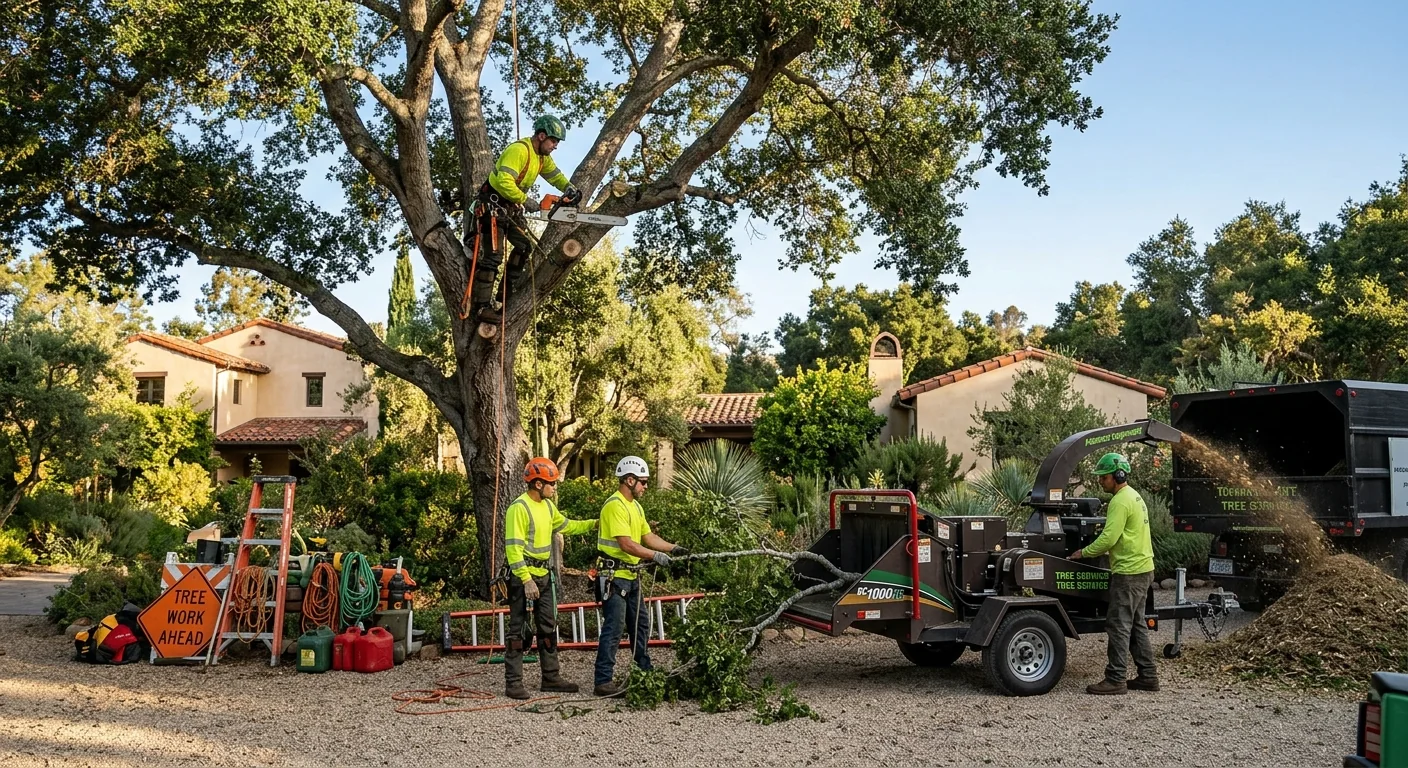 Arborist installing steel support cable in a mature oak canopy above a Montecito yard