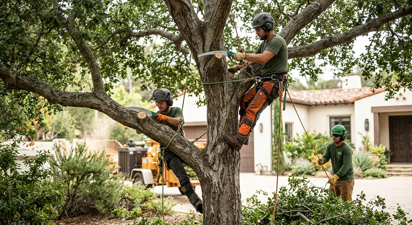 Arborist installing support cables in a mature oak on a Montecito property