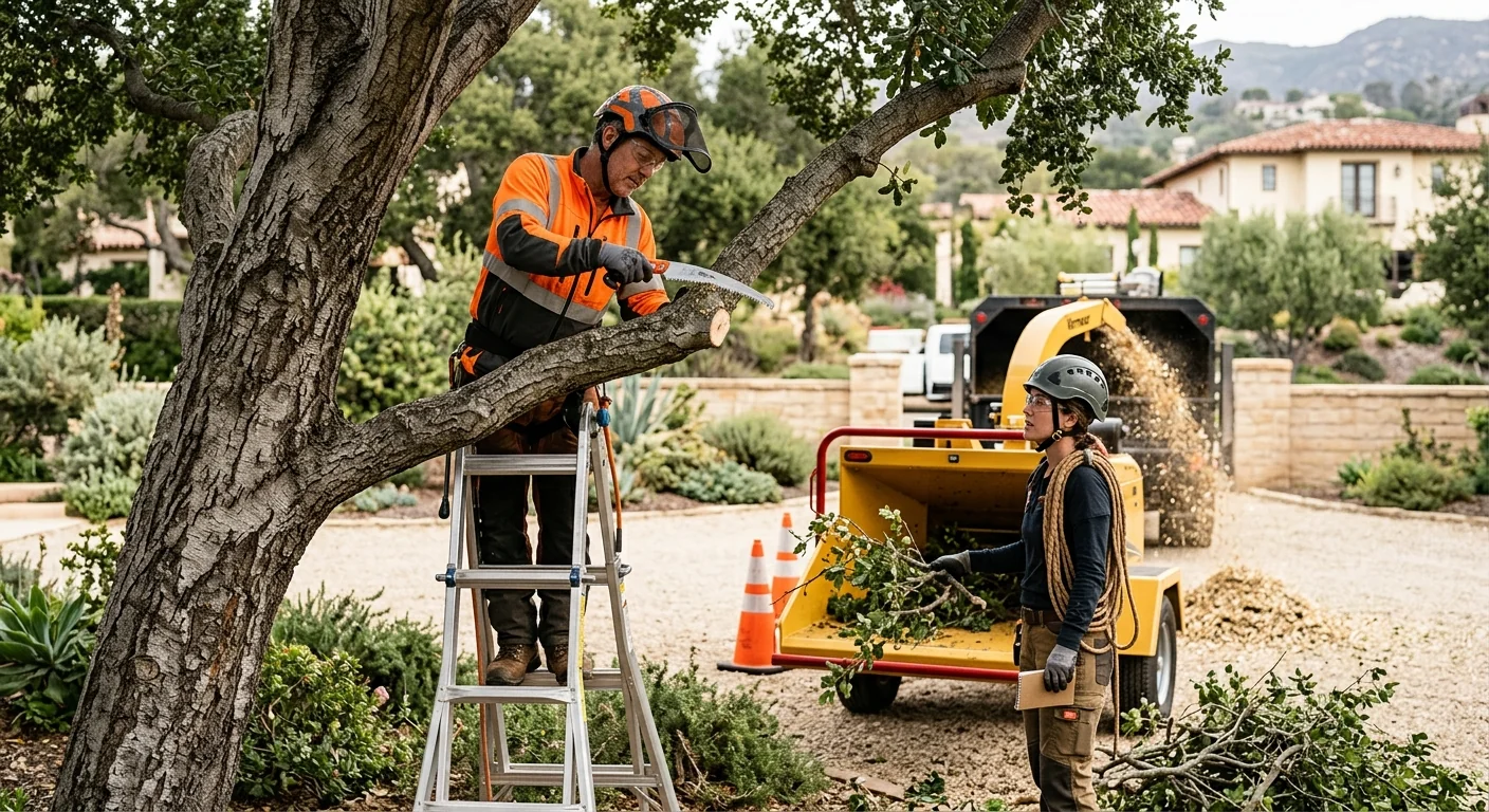 Arborist installing support cable high in a mature coastal oak canopy