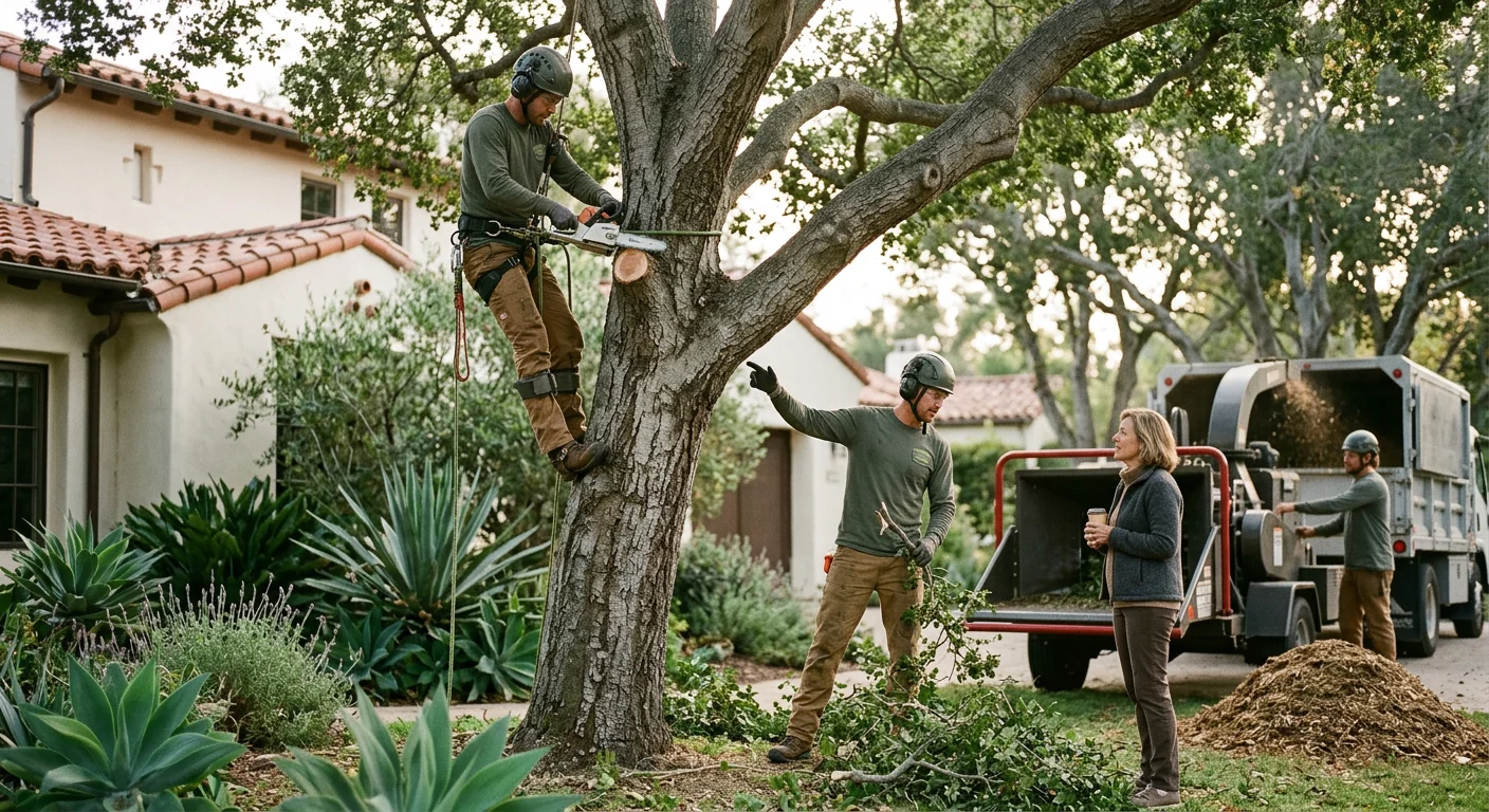 Arborist installing support cable in a mature oak canopy on a Montecito property