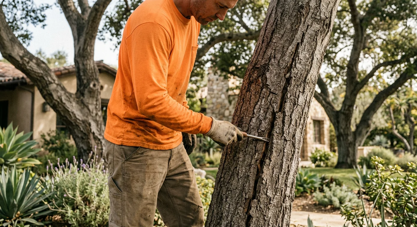 Steel support cable stabilizing a split trunk in a residential yard