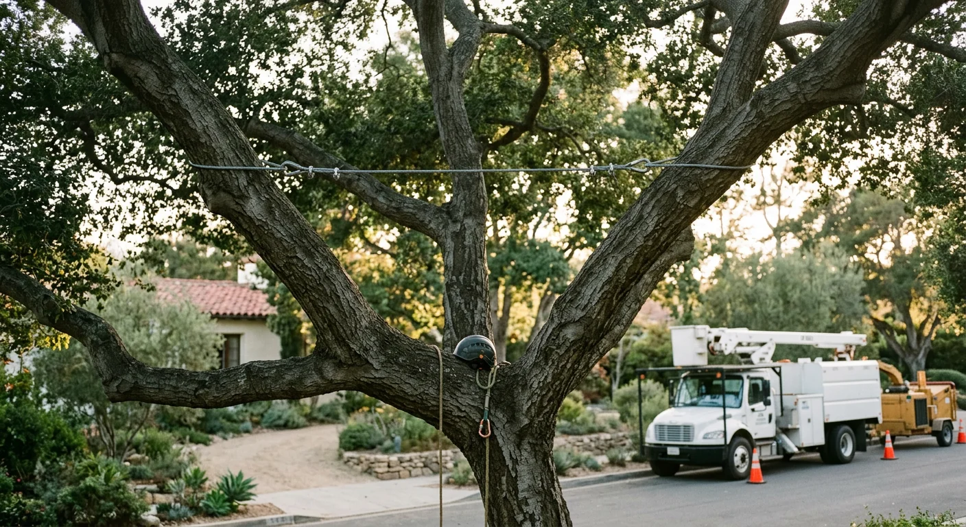 Dynamic support cable spanning two heavy limbs of a heritage oak in a residential yard