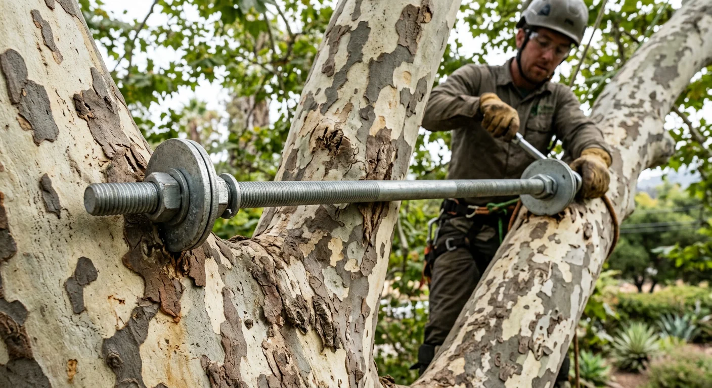 Close-up of steel through-rod bracing installed at a sycamore trunk fork