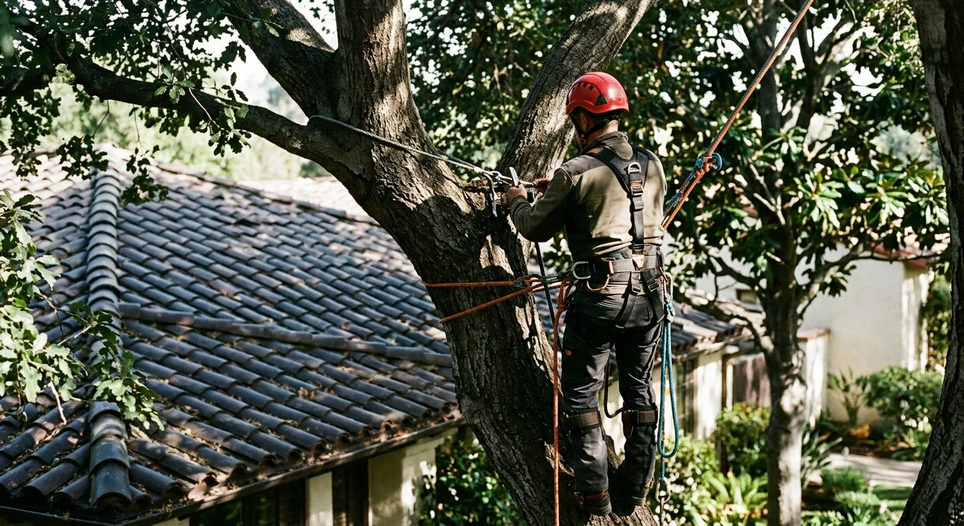 Support cables installed in a canopy limb leaning toward a tile roofline