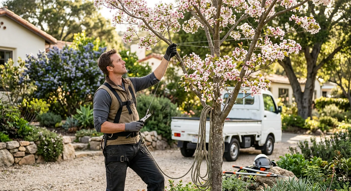 Thin support cable stabilizing a narrow union in a flowering ornamental front-yard tree