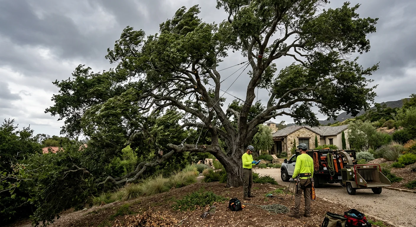 Static cabling reinforcing upper leaders of a large oak under overcast pre-storm sky