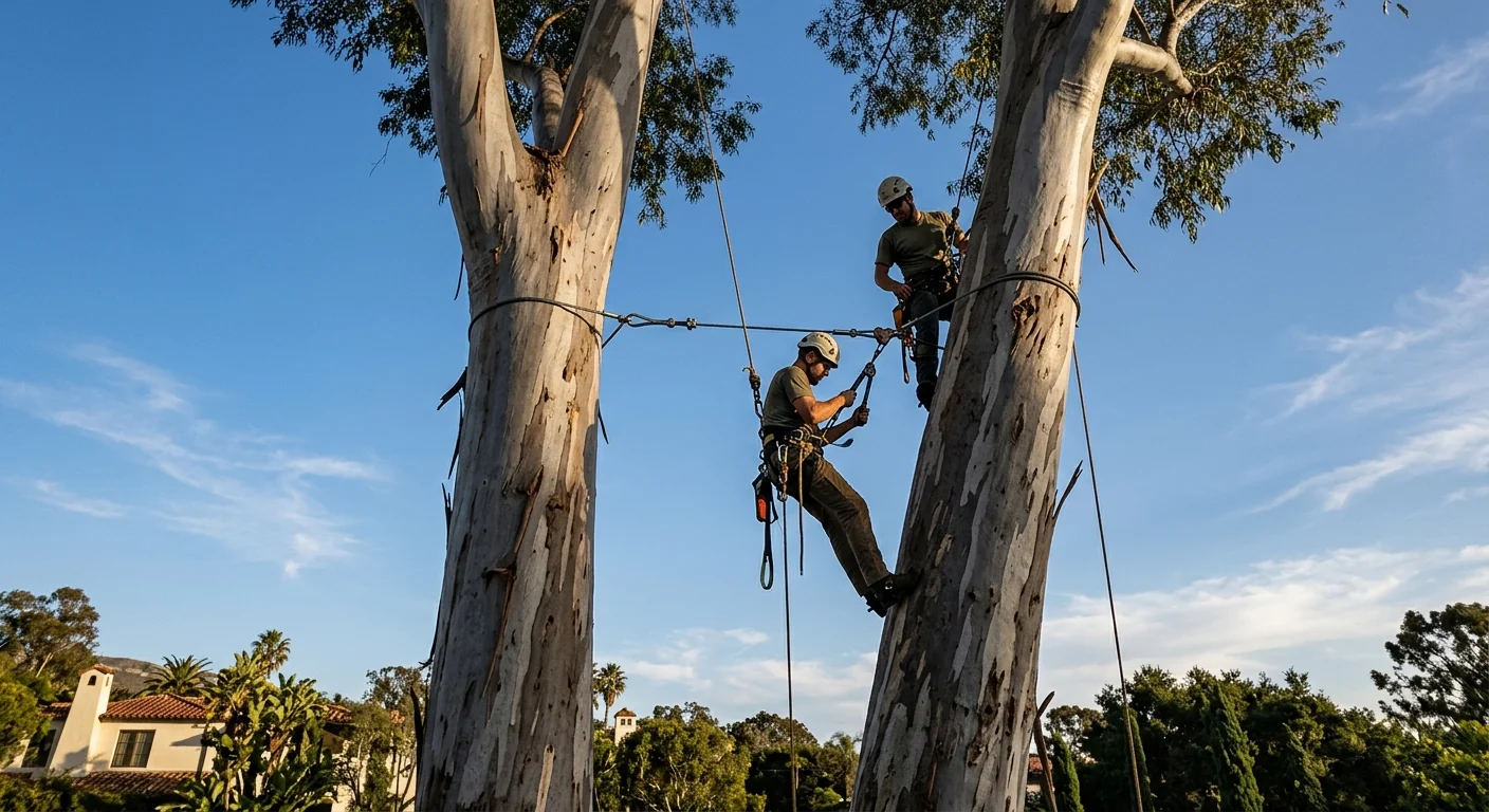 Support cable joining two trunks high in a tall twin-stem eucalyptus