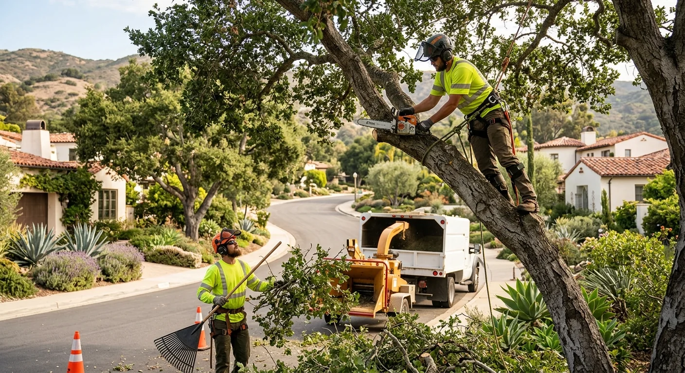 Arborist inspecting a mature oak canopy on a Montecito residential property