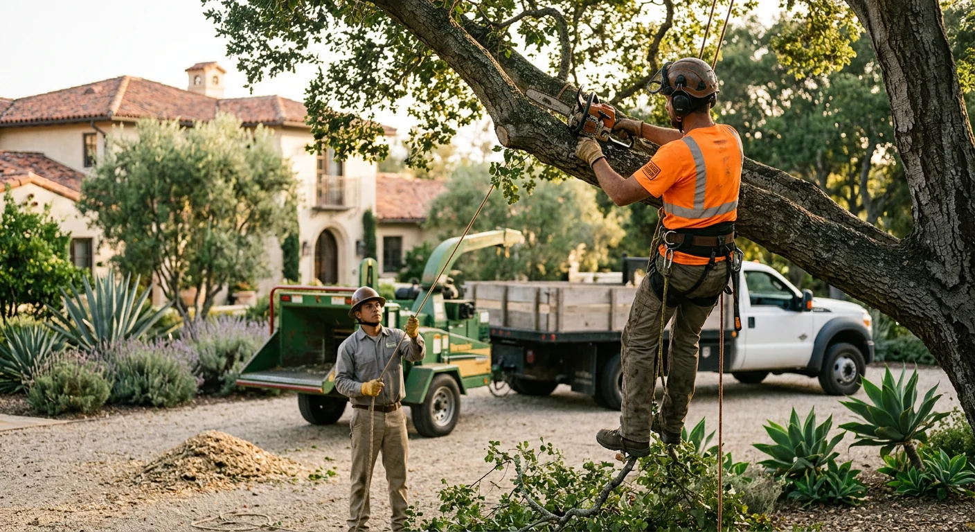 Arborist inspecting a mature oak canopy at a Montecito hillside home
