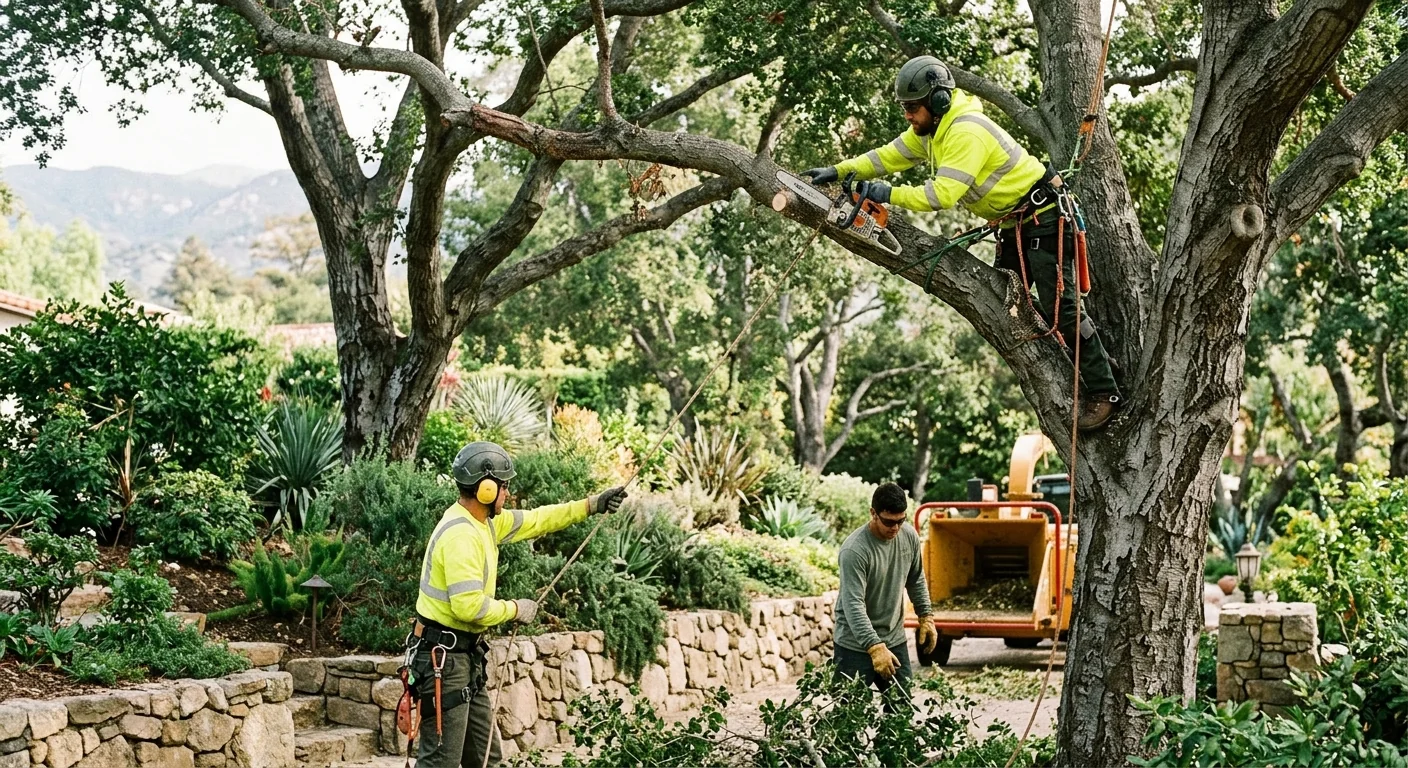 Arborist inspecting canopy health during a routine tree maintenance visit in Montecito