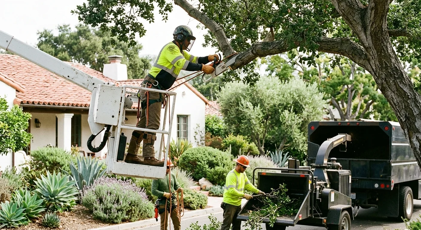 Arborist inspecting a mature oak canopy on a Montecito residential property