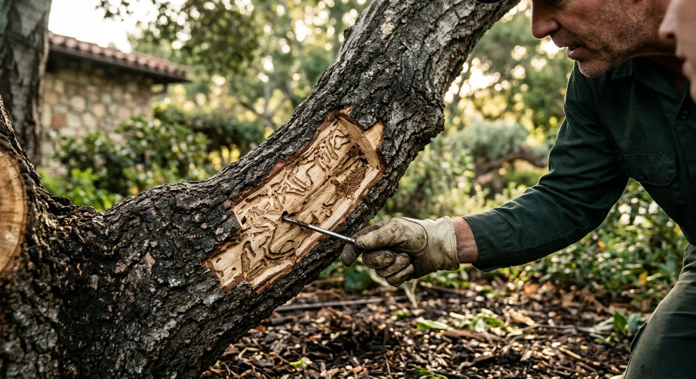 Arborist checking root flare and soil at the base of a tree