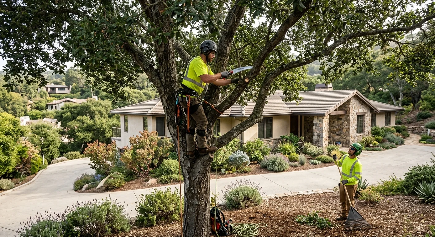 Crown thinning on a large coast live oak shading a Montecito hillside home