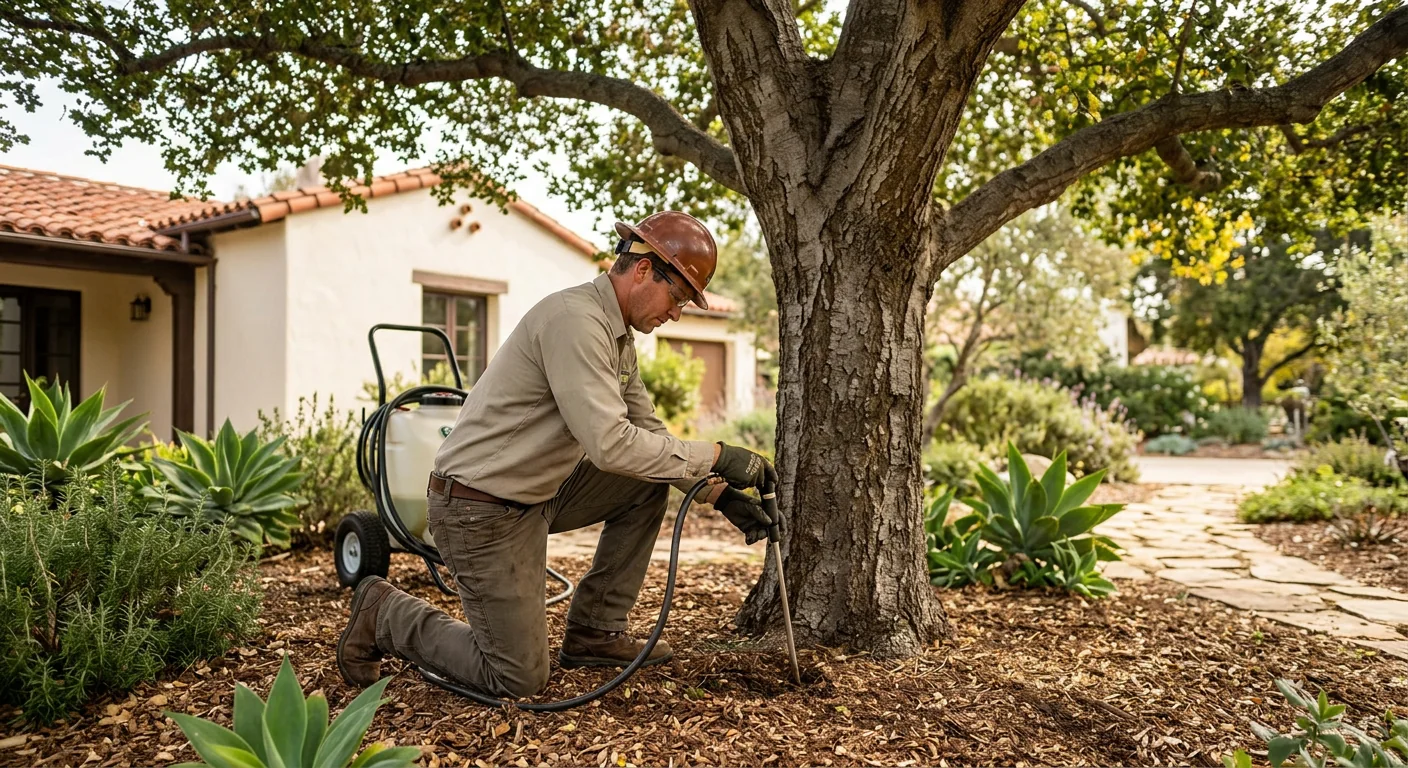 Arborist performing deep-root fertilization around a mature tree in a residential yard