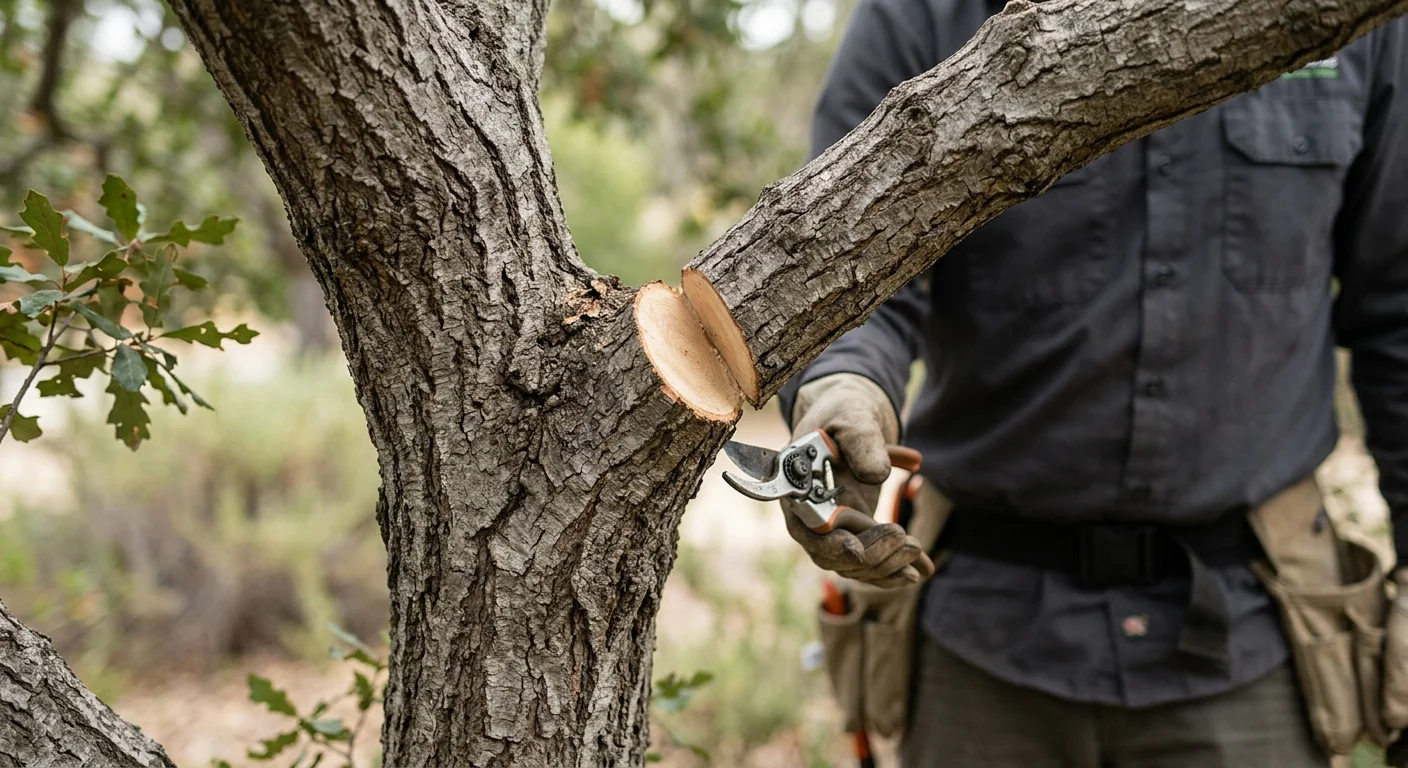 Close-up of a clean pruning cut protecting the branch collar on an oak limb