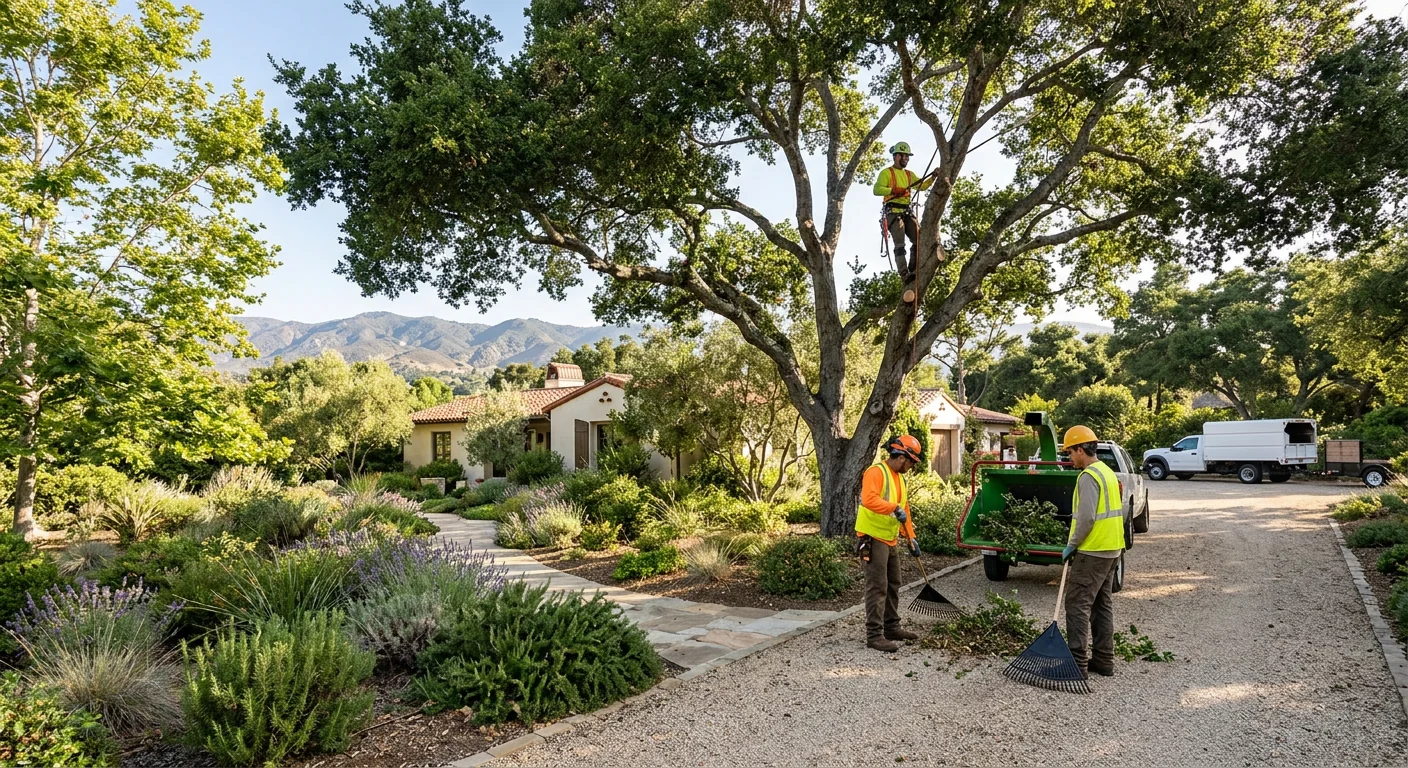 Wide shot of a healthy shaped canopy over a Montecito garden property after maintenance