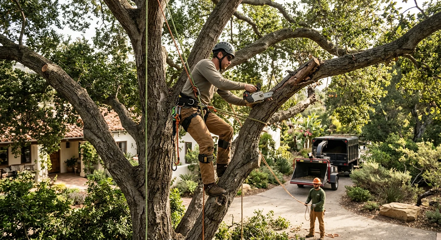 Deadwood removal in progress with climber and ropes high in a tall tree