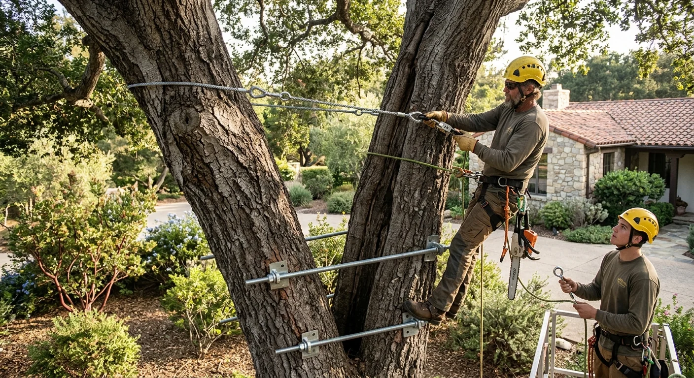 Cabling and bracing hardware installed to support a split trunk on an old tree