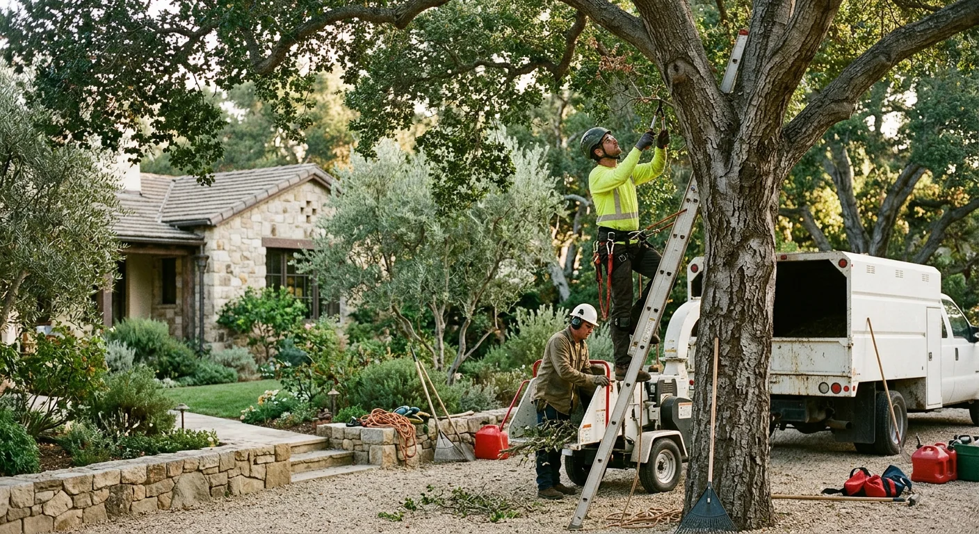 Crew planting a young shade tree in a landscaped Montecito front yard