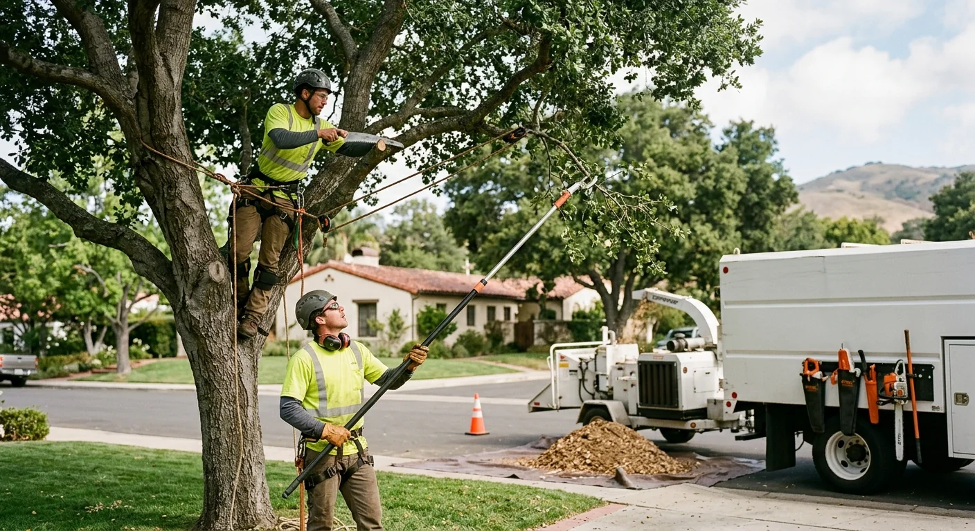 Arborist setting a young tree root ball into prepared Montecito soil