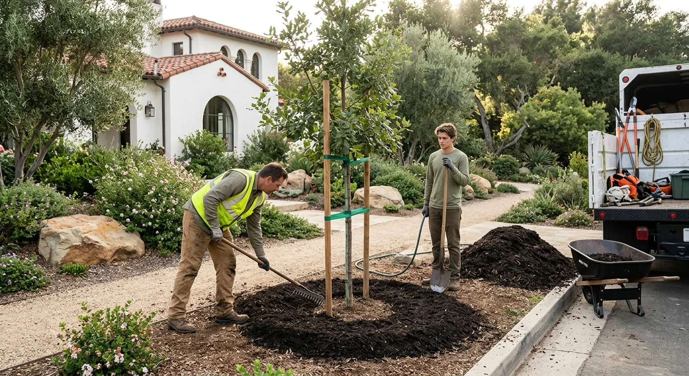 Freshly planted oak with mulch ring in a residential Montecito front yard