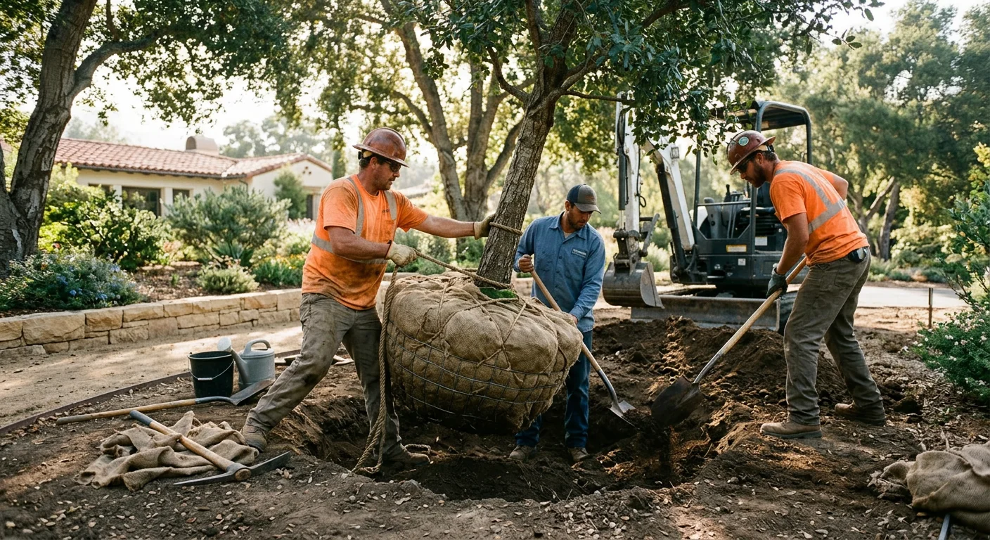 Crew setting a balled-and-burlapped tree into a prepared planting pit