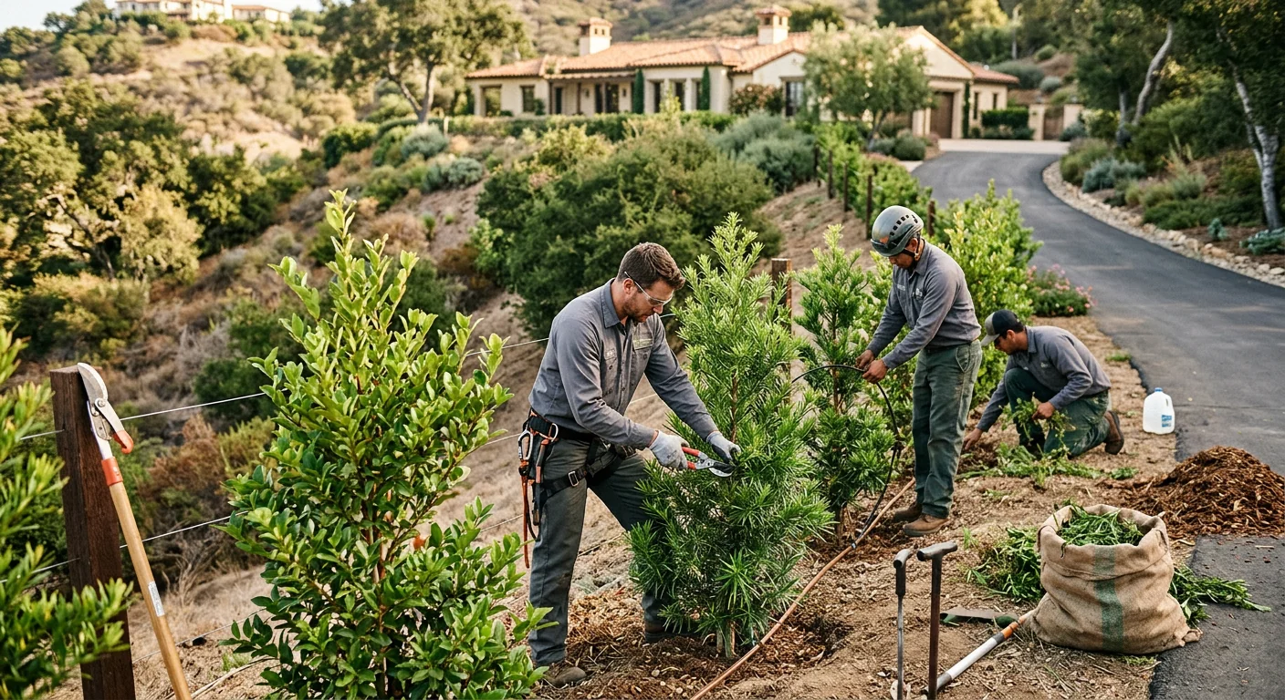 Row of young privacy trees screening a hillside property line in Montecito
