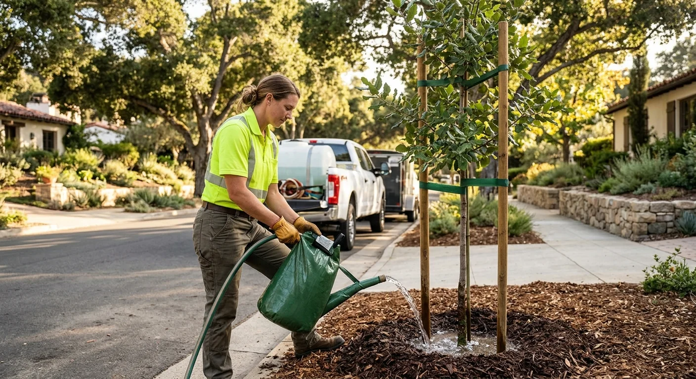 Worker watering a recently planted tree during summer establishment care