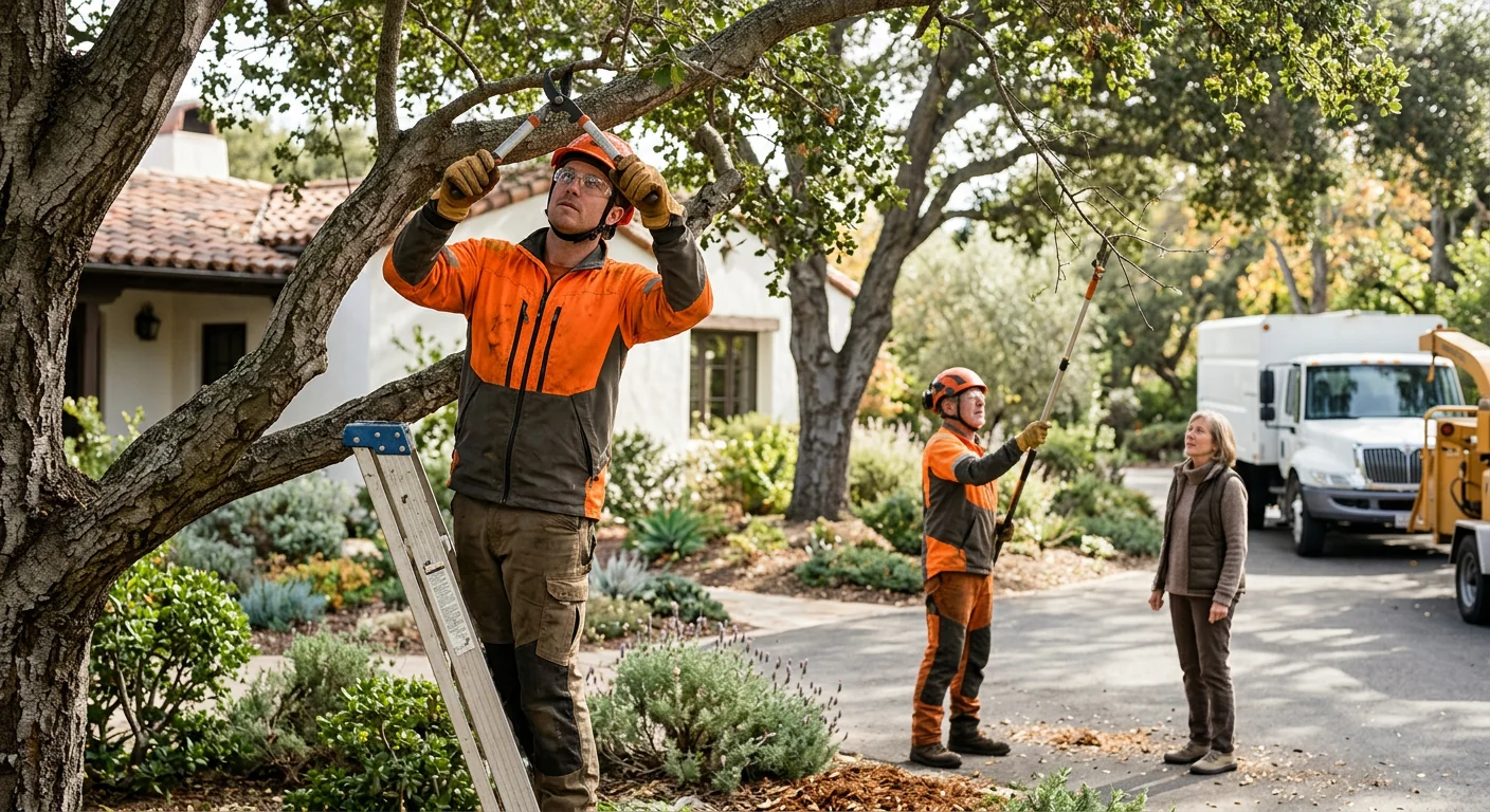 Arborist making precision pruning cuts high in a mature oak canopy