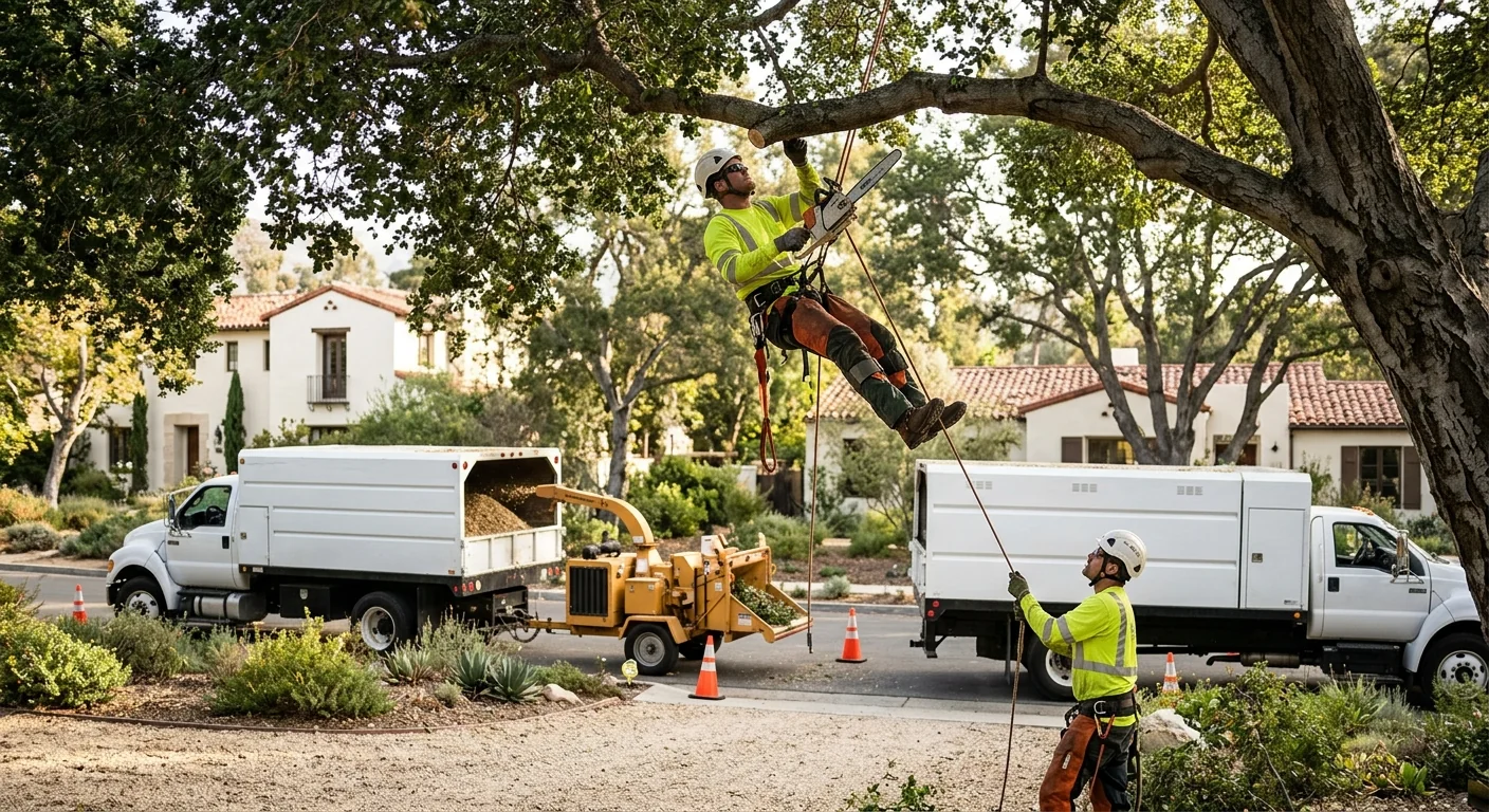 Arborist carefully pruning a mature oak on a Montecito residential property