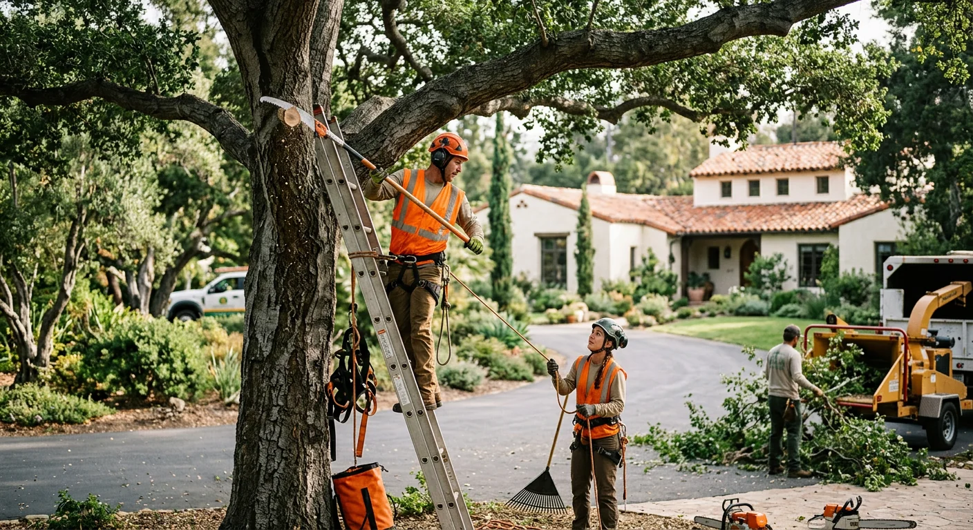 Arborist making precise pruning cuts on a mature oak canopy in a Montecito yard