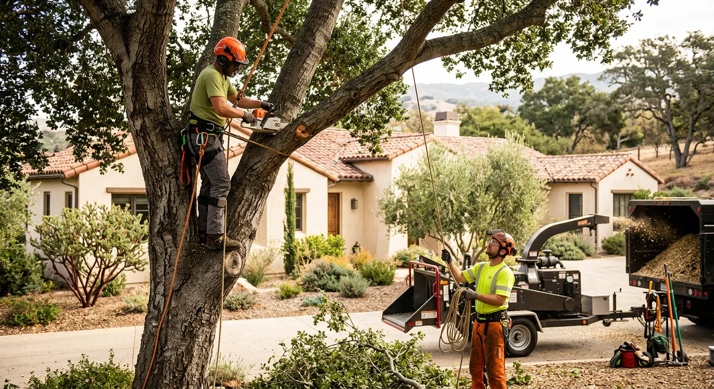 Arborist making a clean pruning cut on a mature oak in a Montecito yard