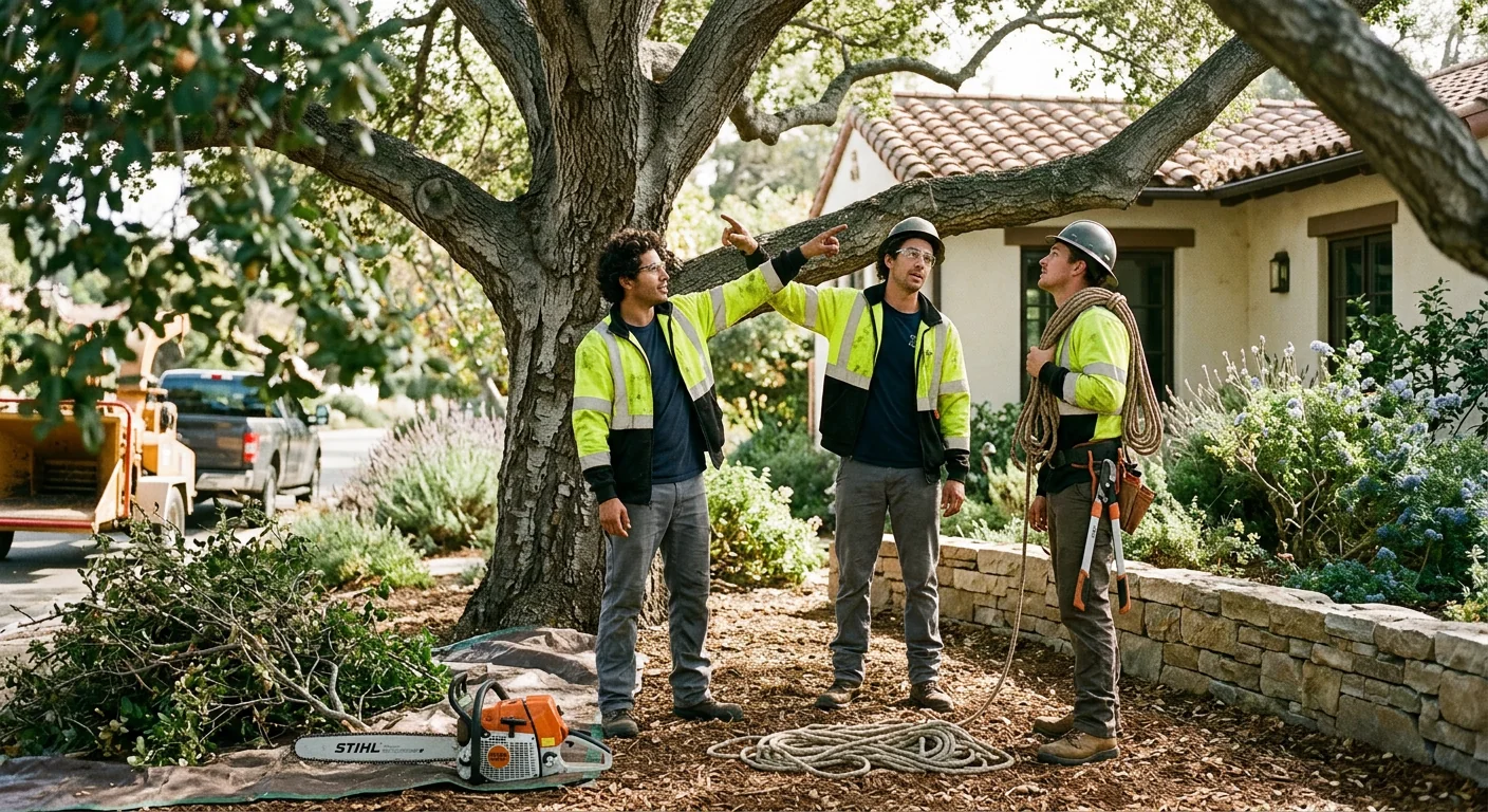 Overgrown tree canopy with crossing limbs above a Montecito home needing pruning
