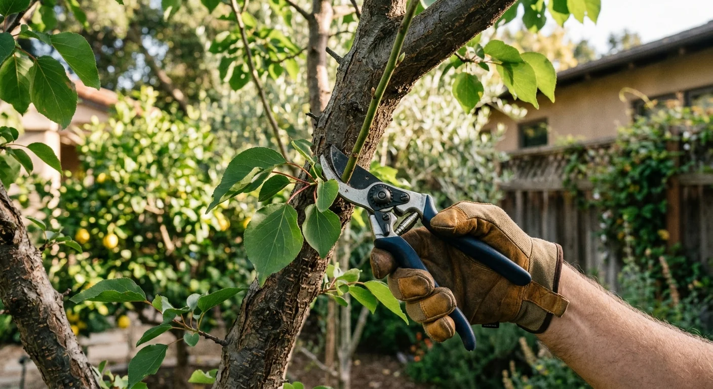 Close-up of seasonal pruning on a backyard fruit tree branch