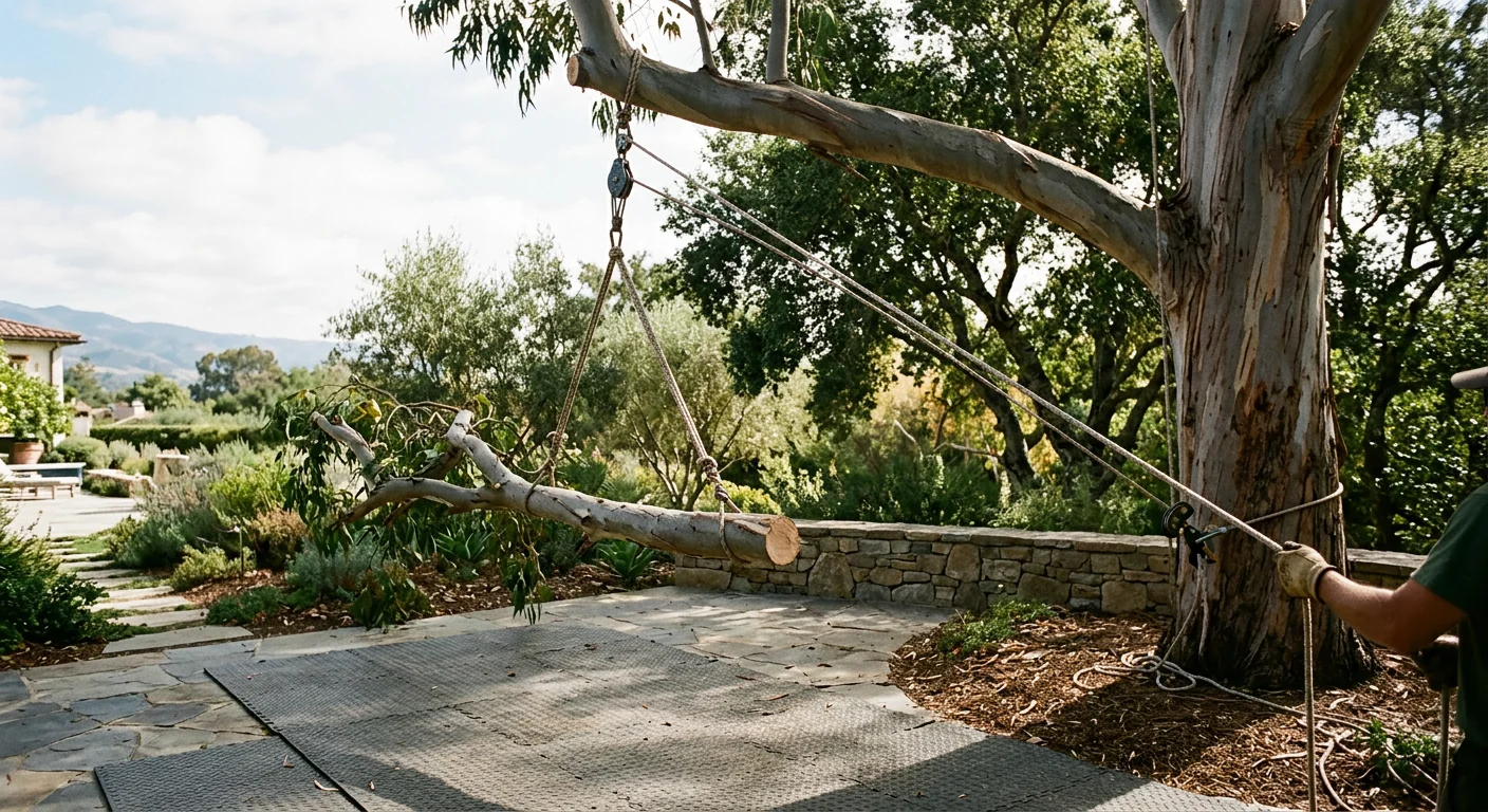 Controlled rigging lowering a heavy eucalyptus limb over a protected patio
