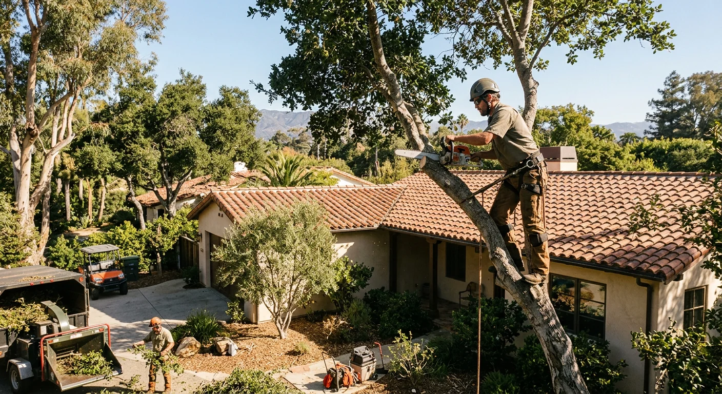 Tree limbs pruned back from a residential roofline for proper clearance