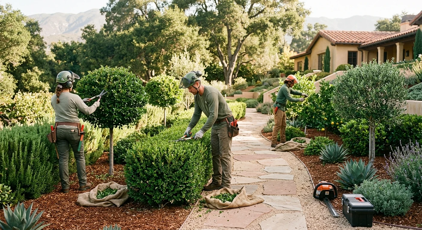 Neatly shaped ornamental trees and hedges along a landscaped garden path