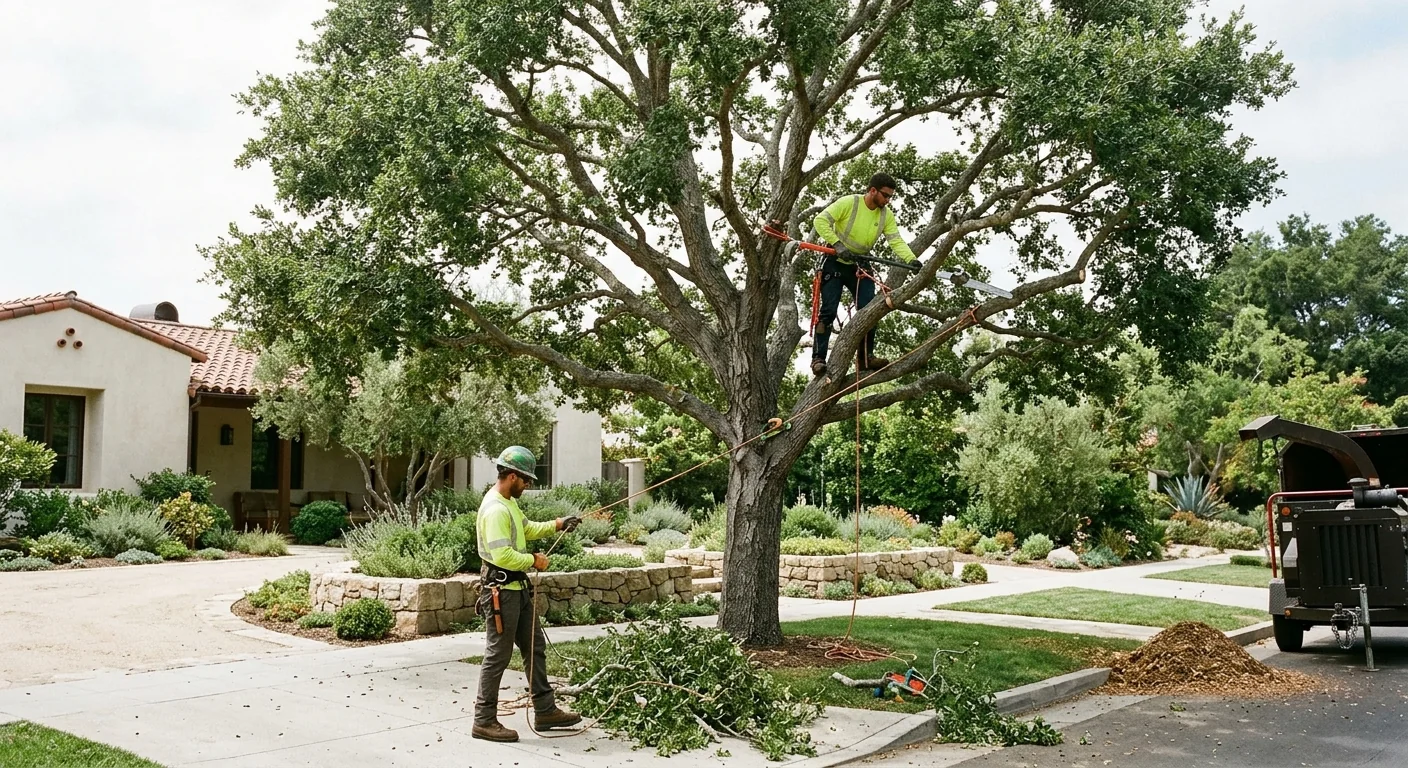Large shade tree with a balanced canopy after storm preparation pruning