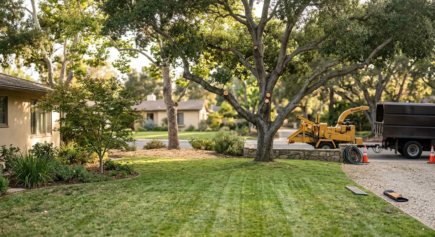 Tidy residential yard with freshly pruned trees after debris cleanup