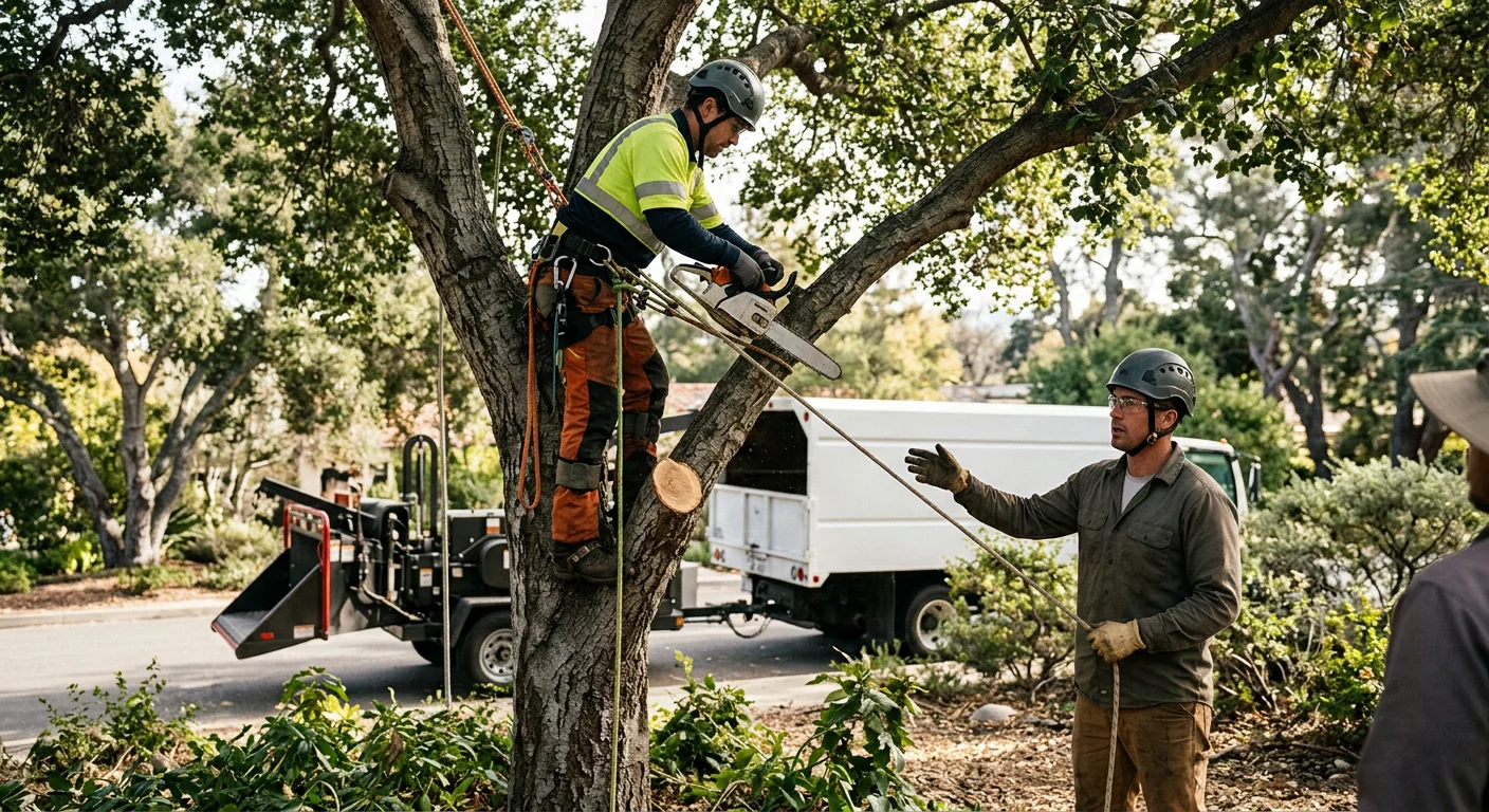 Arborist reviewing a large oak before removal on a residential Montecito property